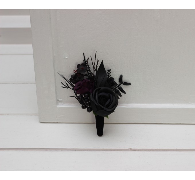 Wedding Boutonnieres & Wrist Corsage in Black & Purple | Faux Flower Accessories