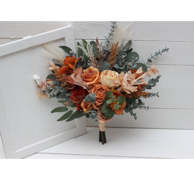 Wedding Bouquets in Cinnamon, Rust & Orange | Pampas Grass Faux Bridal & Bridesmaid Bouquets