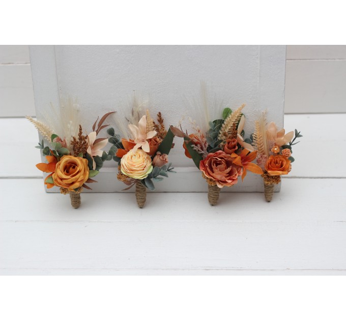 Wedding Boutonnieres & Wrist Corsage in Cinnamon, Rust & Orange | Faux Flower Accessories