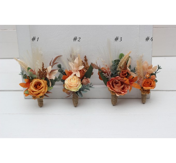 Wedding Boutonnieres & Wrist Corsage in Cinnamon, Rust & Orange | Faux Flower Accessories