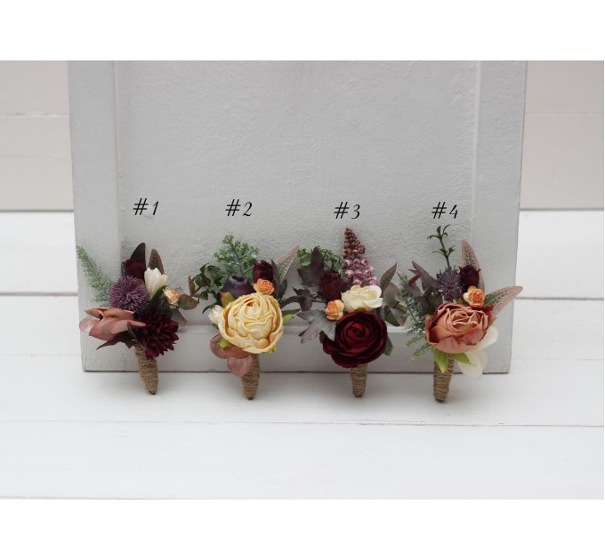 Wedding Boutonnieres & Wrist Corsage in Burgundy, Ivory & Dusty Rose | Faux Flower Accessories