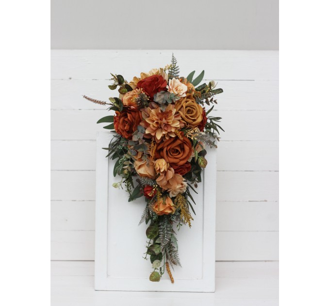 Wedding Bouquets in Rust, Orange & Gold | Dahlia & Rose Faux Bridal & Bridesmaid Cascading Bouquets