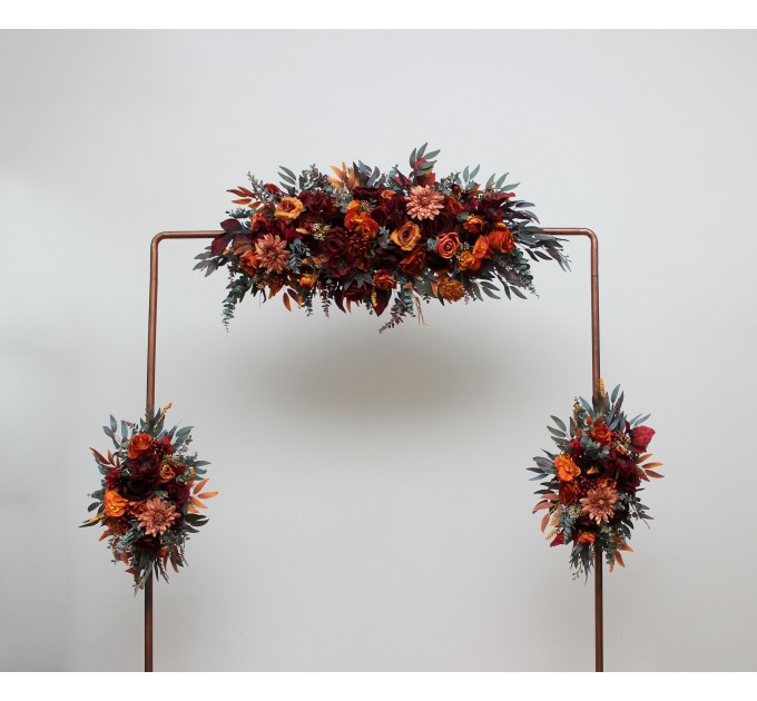 Flower Arch Arrangement in Rust, Burgundy, Cinnamon & Orange | Faux Floral Archway for Wedding