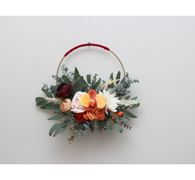 Rust orange burgundy color theme.Orchid dahlia floral hoop. Alternative bridesmaid bouquet. Boho wedding. Floral backdrop. 0035