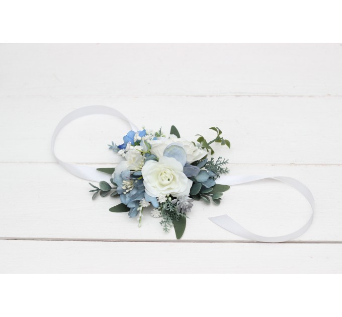 Wedding Boutonnieres & Wrist Corsage in Sky Blue & White | Faux Flower Accessories