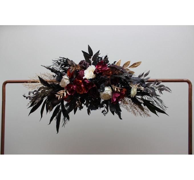 Flower Arch Arrangement in Purple, Black, Rust & Gold | Faux Floral Archway for Wedding