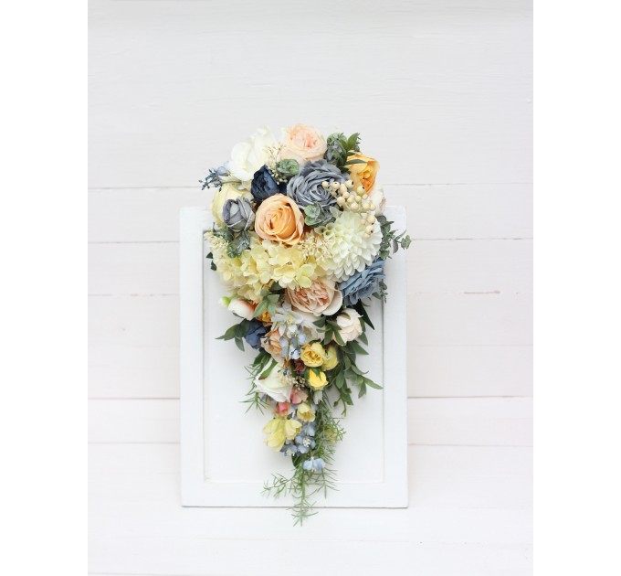 Spring & Summer Wedding Bouquets in Peach, Yellow & Dusty Blue | Faux Cascading Bridal & Bridesmaid Bouquets