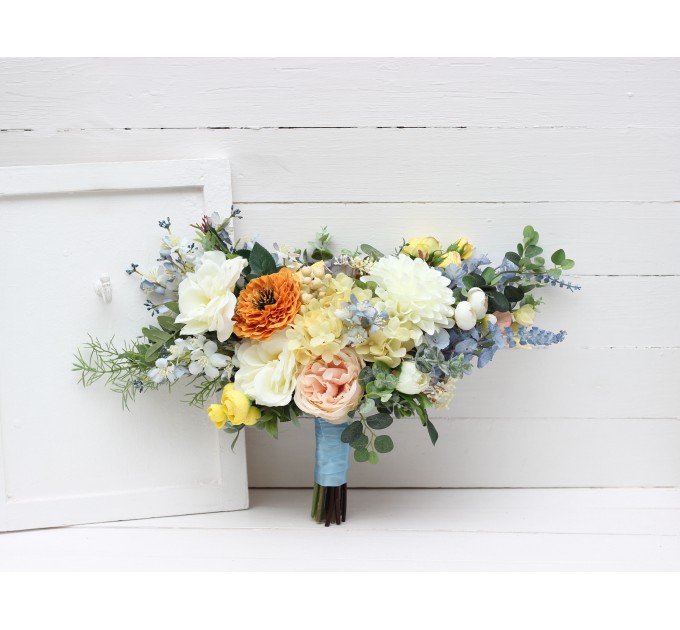 Spring & Summer Wedding Bouquets in Peach, Yellow & Dusty Blue | Faux Cascading Bridal & Bridesmaid Bouquets