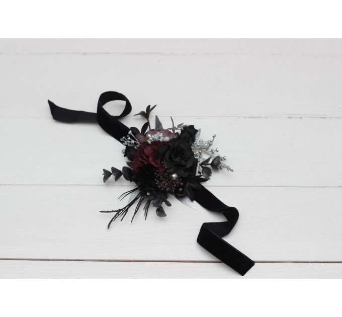 Wedding Boutonnieres & Wrist Corsage in Silver, Black & Purple | Faux Flower Accessories