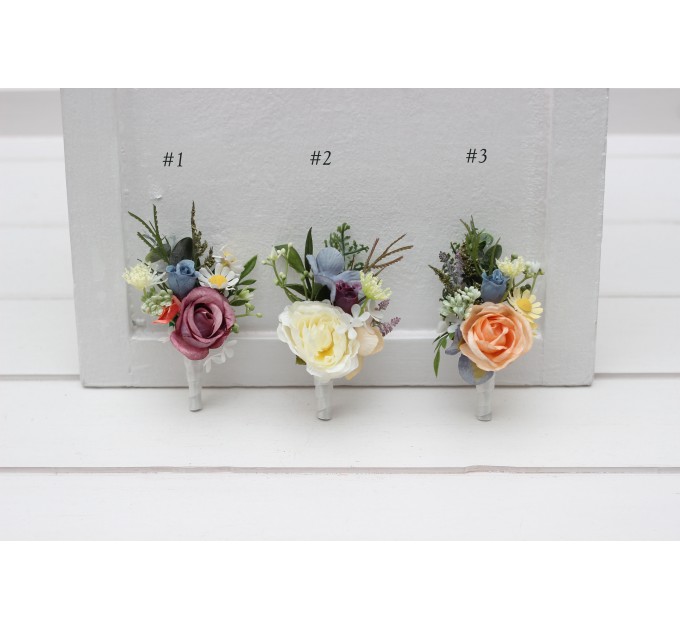 Pastel Wildflower Wedding Boutonnieres – Floral Accessories in Dusty Blue, Peach, Lilac & Cream