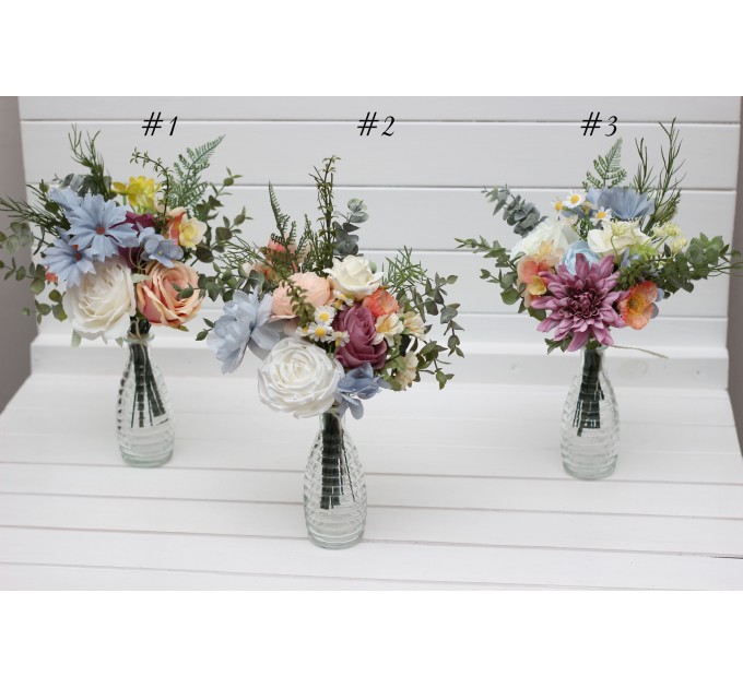 Simple Wedding Table Flowers – Wildflower Mini Bouquets in Dusty Blue, Peach, Lilac & Cream