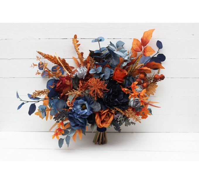 Wedding Bouquets in Navy Blue & Rust | Cascading Faux Bridal & Bridesmaid Bouquets