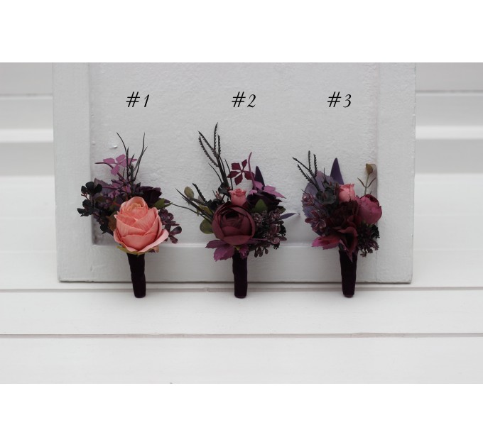 Moody Wedding Boutonniere & Corsage Set – Faux Florals in Purple, Black & Dusty Rose