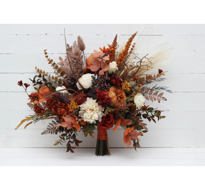 Wedding Bouquets in Ivory & Rust | Cascading Faux Bridal & Bridesmaid Bouquets