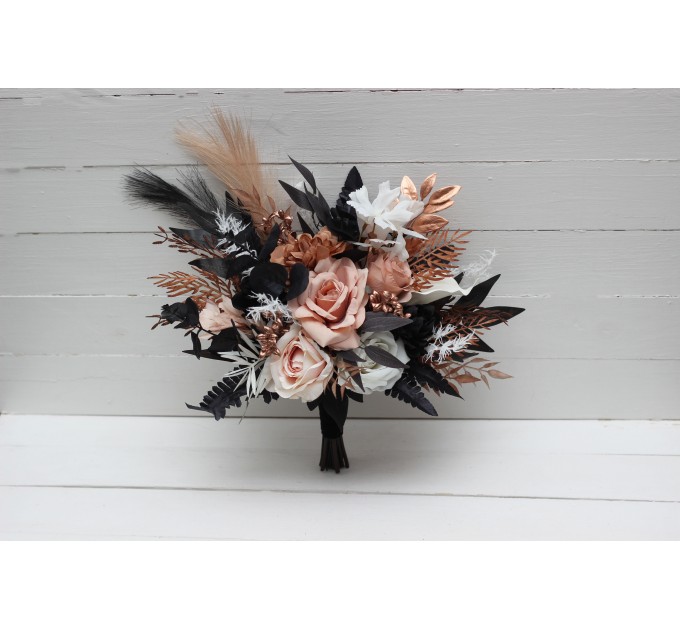 Dusty Rose, Black, Cinnamon, and White Cascading Wedding Bouquets – Gothic Bridal & Bridesmaid Designs