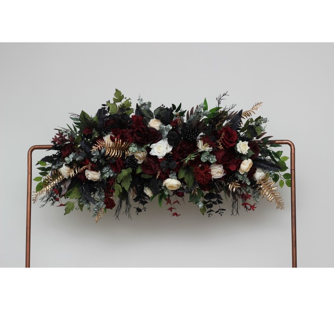 Flower Arch Arrangement in Burgundy, Black, Gold & Ivory | Faux Floral Archway for Wedding