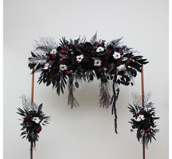 Flower Arch Arrangement in Deep Purple, Black, Silver & White | Faux Floral Archway for Wedding
