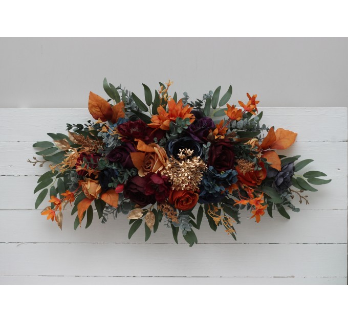 Flower Arch Arrangement in Teal, Rust, Gold, Plum & Mustard | Faux Floral Archway for Jewel-Tone Wedding