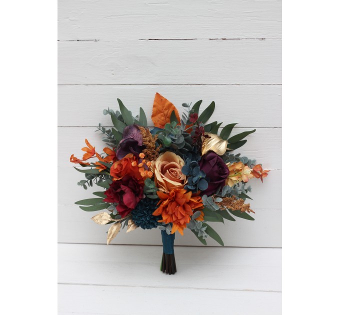 Wedding Bouquets in Teal, Rust, Gold, Plum & Mustard | Cascading Faux Bridal & Bridesmaid Bouquets