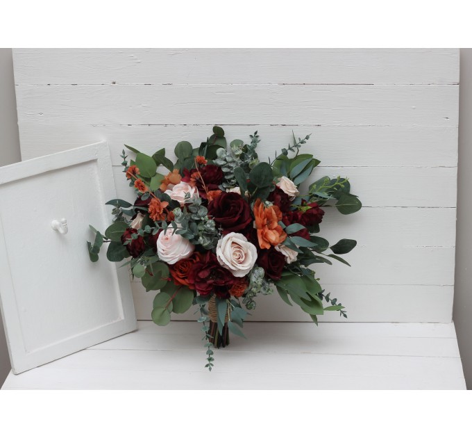 Wedding Bouquets in Rust, Blush Pink & Burgundy | Cascading Faux Bridal & Bridesmaid Bouquets