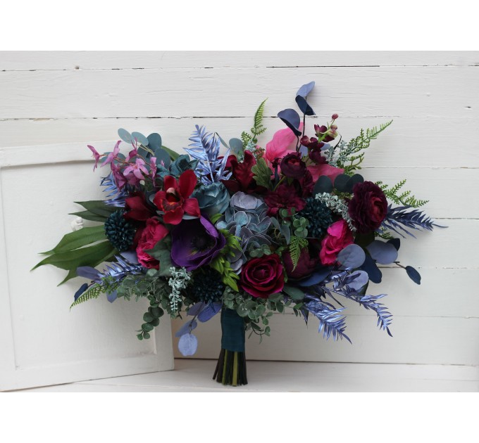 Wedding Bouquets in Teal, Magenta, Blue & Purple | Cascading Faux Bridal & Bridesmaid Bouquets