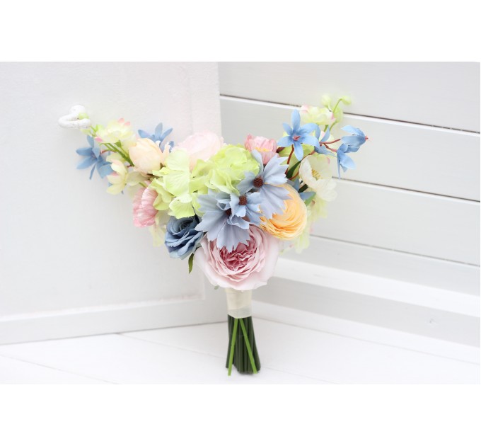 Colorful Bridal Bouquet – Green, Yellow, Pink, Dusty Blue Wildflowers