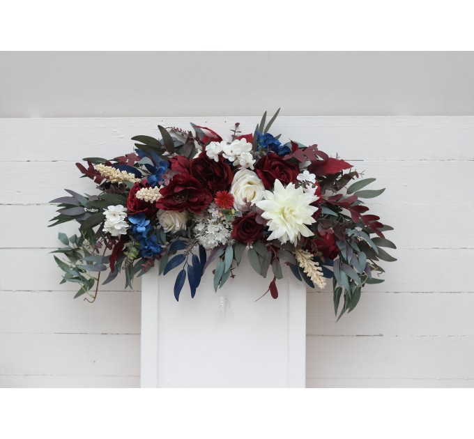 Flower Arch Arrangement in Burgundy, Ivory & Navy Blue | Faux Floral Archway for Wedding