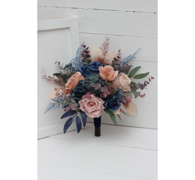 Wedding Bouquets in Navy Blue & Dusty Rose | Cascading Faux Bridal & Bridesmaid Bouquets