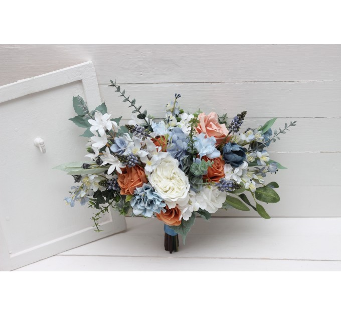 Spring & Summer Wedding Bouquets in White, Terracotta & Dusty Blue | Faux Bridal & Bridesmaid Cascading Bouquets