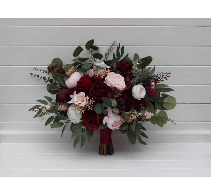 Wedding bouquets in burgundy and blush pink colors. Bridal bouquet. Cascading bouquet. Faux bouquet. Bridesmaid bouquet. 5246