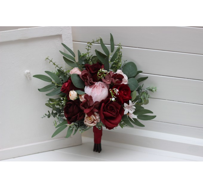 Wedding Bouquets in Burgundy & Blush Pink | Cascading Faux Bridal & Bridesmaid Bouquets