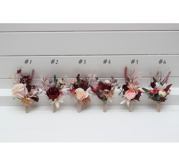 Wedding Boutonnieres & Wrist Corsage in Burgundy, Dusty Rose & Blush Pink | Faux Flower Accessories