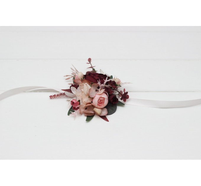 Wedding Boutonnieres & Wrist Corsage in Burgundy, Dusty Rose & Blush Pink | Faux Flower Accessories