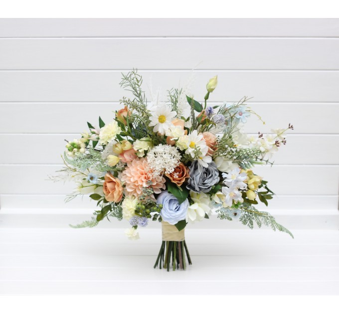 Spring & Summer Wedding Bouquets in Ivory, Yellow, Peach & Dusty Blue | Faux Cascading Bridal & Bridesmaid Wildflower Bouquets