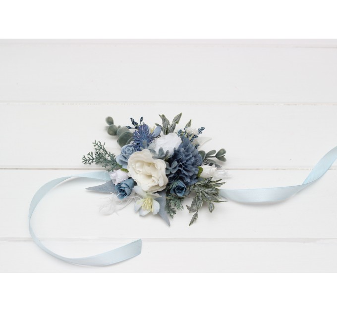 Wedding Boutonnieres & Wrist Corsage in Dusty Blue & White | Faux Flower Accessories