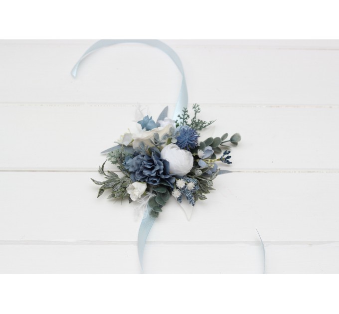 Wedding Boutonnieres & Wrist Corsage in Dusty Blue & White | Faux Flower Accessories