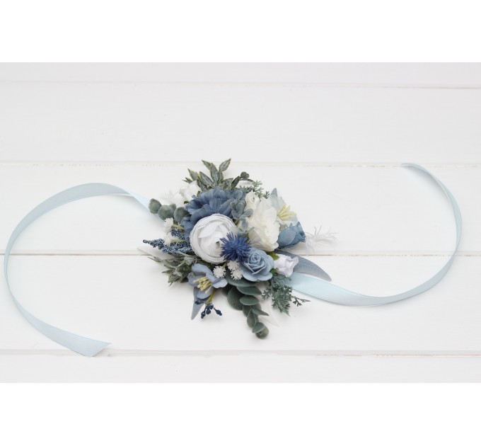 Wedding Boutonnieres & Wrist Corsage in Dusty Blue & White | Faux Flower Accessories