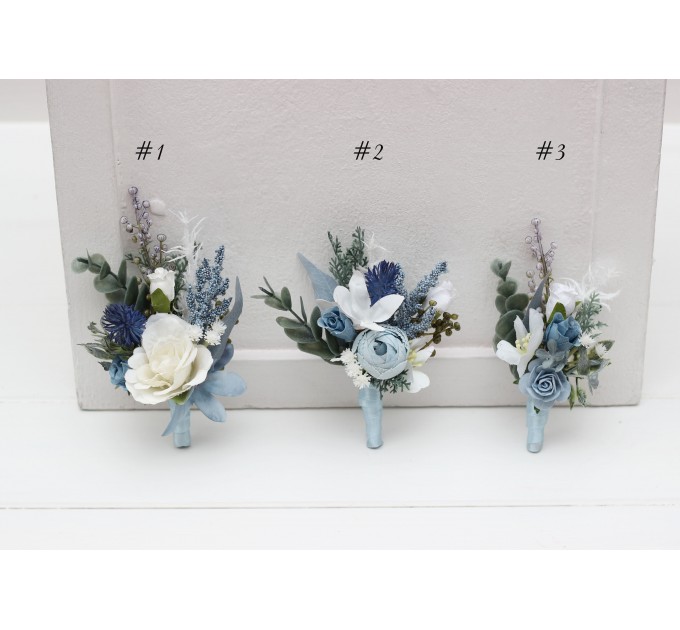 Wedding Boutonnieres & Wrist Corsage in Dusty Blue & White | Faux Flower Accessories