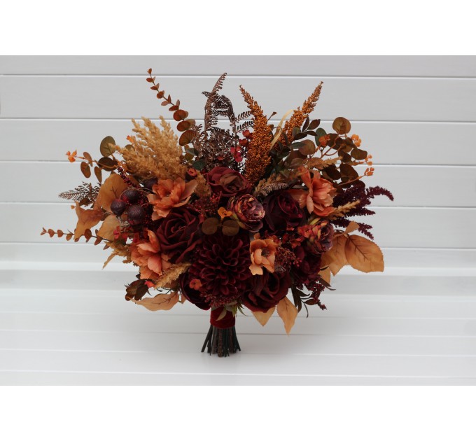 Wedding Bouquets in Burgundy, Deep Red & Burnt Orange – Faux Bridal Flowers
