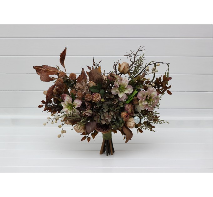 Wedding Bouquets in Dark Olive, Brown & Ivory | Faux Bridal & Bridesmaid Cascading Bouquets