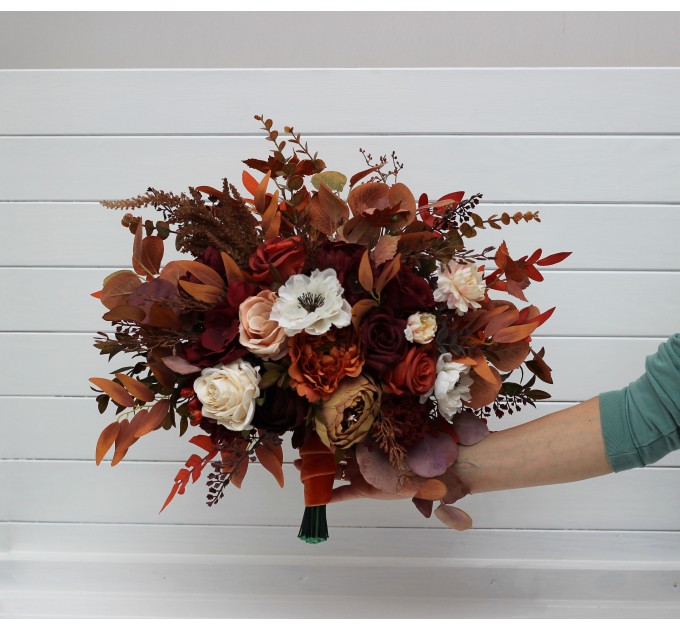 Wedding Bouquets in Rust, Burgundy & White | Faux Bridal & Bridesmaid Bouquets