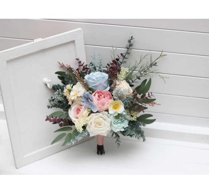 Summer Wedding Wildflower Cascading Bouquet | Dusty Blue, Blush Pink & Yellow Faux Bridal & Bridesmaid Bouquets