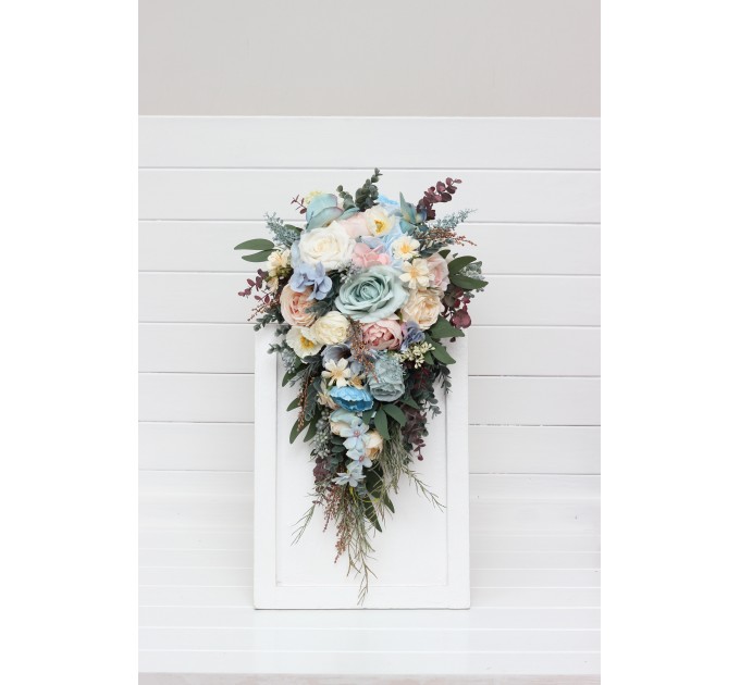 Summer Wedding Wildflower Cascading Bouquet | Dusty Blue, Blush Pink & Yellow Faux Bridal & Bridesmaid Bouquets