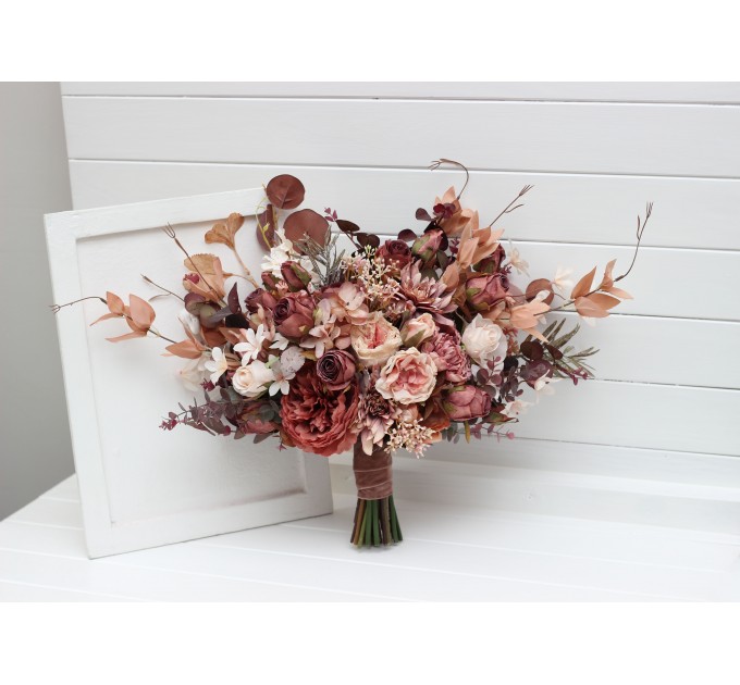 Wedding Bouquets in Beige, Terracotta, Blush Pink & Dusty Rose | Cascading Faux Bridal & Bridesmaid Bouquets