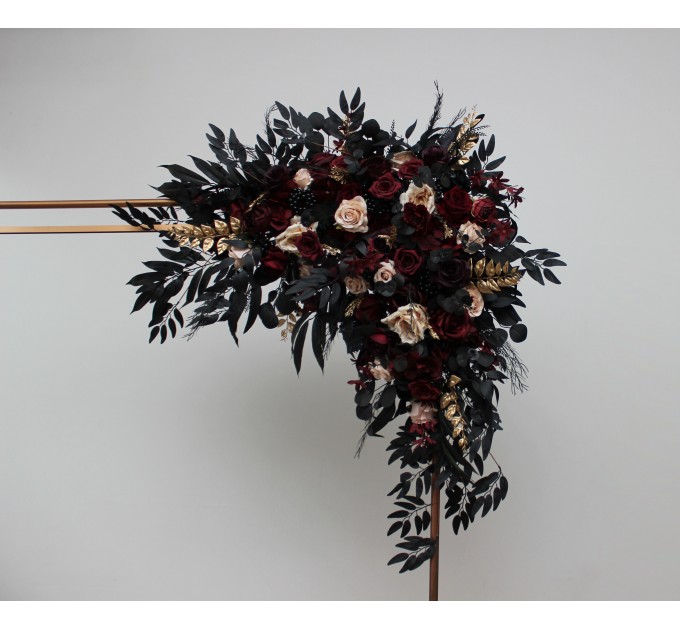 Flower Arch Arrangement in Burgundy, Black, Gold & Beige | Faux Floral Archway for Halloween Wedding