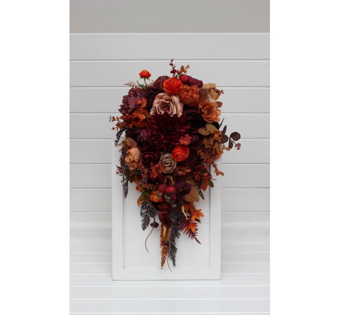 Wedding Bouquets in Plum, Purple, Orange, Rust & Beige | Cascading Faux Bridal & Bridesmaid Bouquets