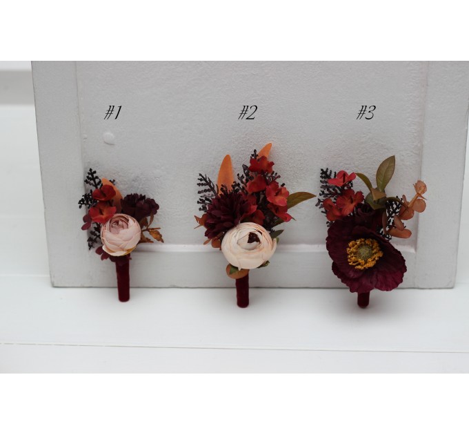 Wedding Boutonnieres & Wrist Corsage in Plum, Purple, Orange, Rust & Beige | Faux Flower Accessories