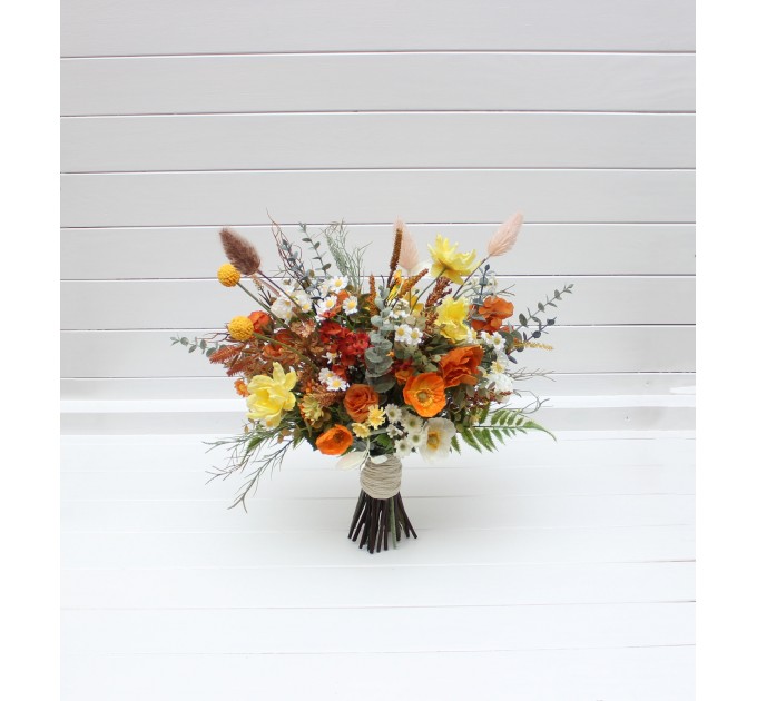 Wildflower Bridal Bouquet in Burnt Orange, Yellow & Ivory | Faux Chamomile & Poppy Wedding Flowers