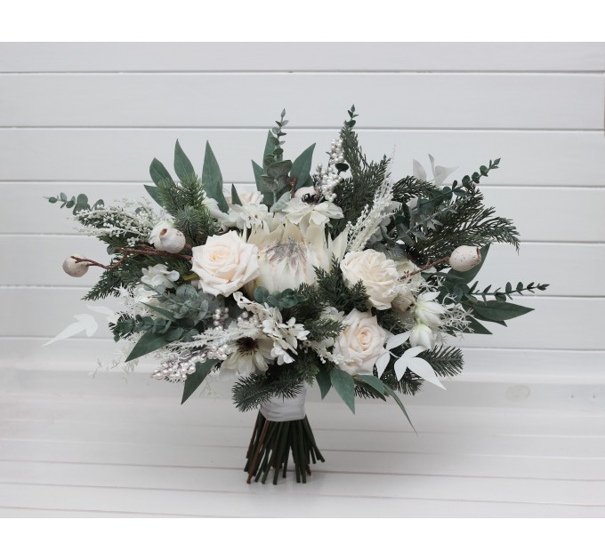 Winter Protea Bridal Bouquet – White & Sage Green Faux Wedding Flowers