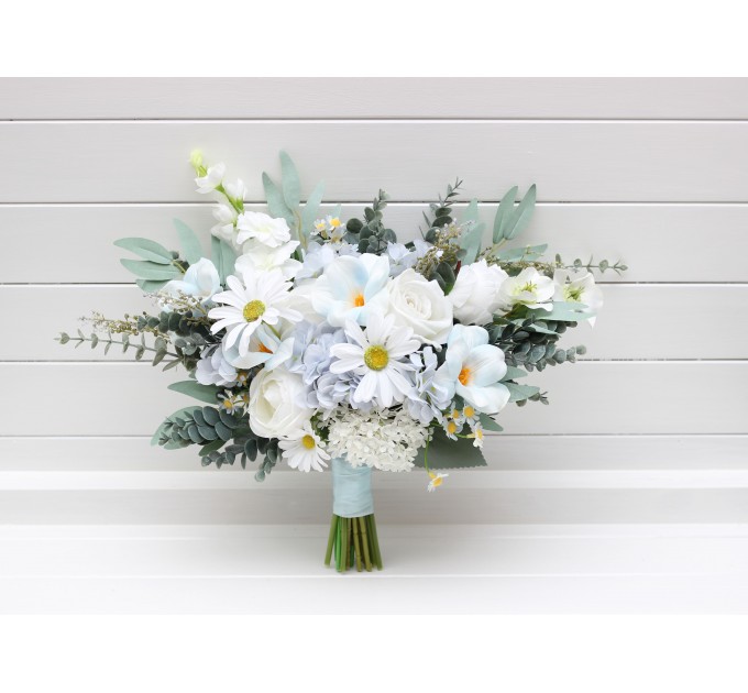 Wedding Bouquets in White & Sky Blue | Wildflower Cascading Faux Bridal & Bridesmaid Bouquets